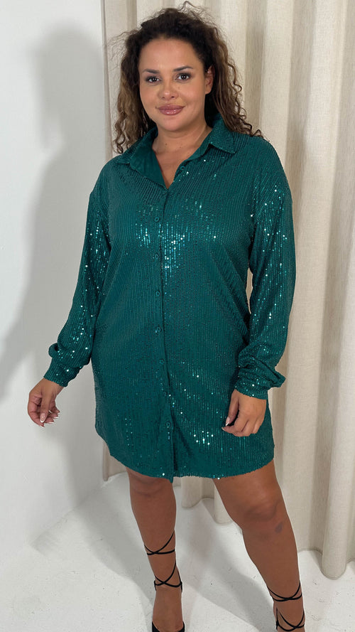 CurveWow Sequin Shirt Dress Green