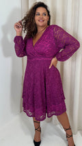 CurveWow Lace Plunge Ruffle Skater Dress Magenta