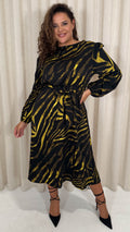 CurveWow Satin Tie Waist Midi Dress Black & Yellow Zebra