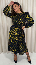 CurveWow Satin Tie Waist Midi Dress Black & Yellow Zebra