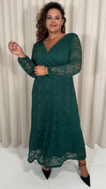 CurveWow Lace Plunge Maxi Dress Forest Green