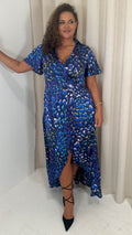 CurveWow Collared Wrap Printed Midi Dress Blue Animal