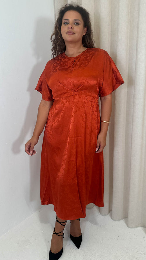 CurveWow Keyhole Oriental Satin Dress Rust