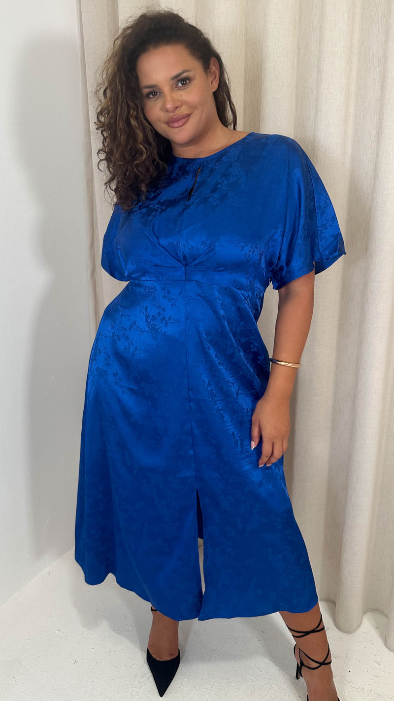 CurveWow Keyhole Oriental Satin Dress Cobalt Blue