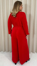 CurveWow V Neck Wrap Jumpsuit Red