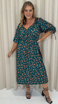 CurveWow Wrap 3/4 Balloon Sleeve Dress Green Floral