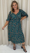 CurveWow Wrap 3/4 Balloon Sleeve Dress Green Floral