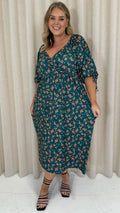 CurveWow Wrap 3/4 Balloon Sleeve Dress Green Floral