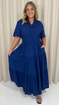 CurveWow Button Front Tiered Maxi Dress Navy