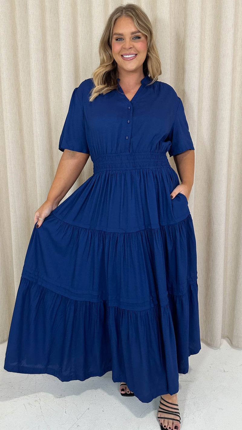 CurveWow Button Front Tiered Maxi Dress Navy