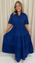 CurveWow Button Front Tiered Maxi Dress Navy