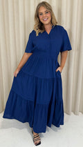 CurveWow Button Front Tiered Maxi Dress Navy