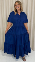 CurveWow Button Front Tiered Maxi Dress Navy