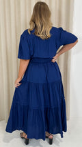 CurveWow Button Front Tiered Maxi Dress Navy