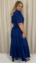 CurveWow Button Front Tiered Maxi Dress Navy