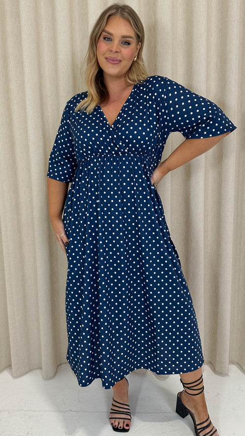 CurveWow Wrap Midi Dress Navy Spot