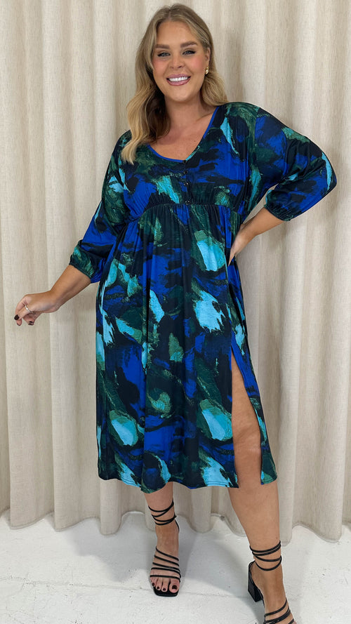 CurveWow Button Front Midi Dress Blue Brush Stroke