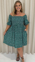 CurveWow Smock Dress Green Disty Floral