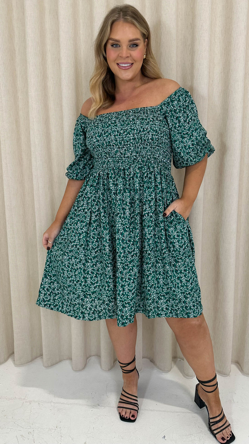 CurveWow Smock Dress Green Disty Floral