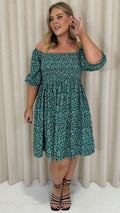 CurveWow Smock Dress Green Disty Floral