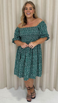 CurveWow Smock Dress Green Disty Floral