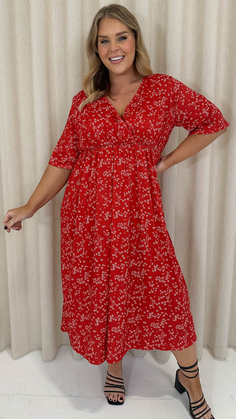 CurveWow Wrap Midi Dress Red Ditsy