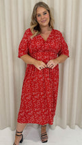 CurveWow Wrap Midi Dress Red Ditsy