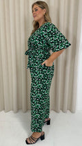 CurveWow Angel Sleeve Wrap Jumpsuit Tie Waist Green Smudge