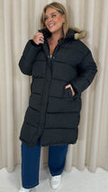 CurveWow Longline Faux Fur Hood Parka Coat Black