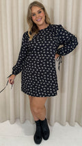 CurveWow Printed Tie Sleeve Shift Dress Black Floral