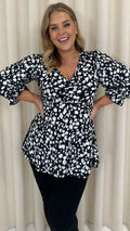 CurveWow V Neck Peplum Top Mono Animal Print