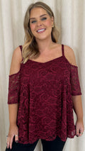 CurveWow Lacy Strappy Cold Shoulder Top Wine