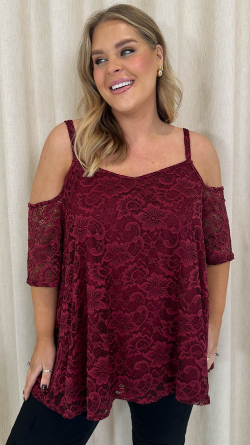 CurveWow Lacy Strappy Cold Shoulder Top Wine