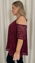 CurveWow Lacy Strappy Cold Shoulder Top Wine