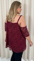 CurveWow Lacy Strappy Cold Shoulder Top Wine