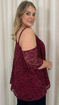 CurveWow Lacy Strappy Cold Shoulder Top Wine