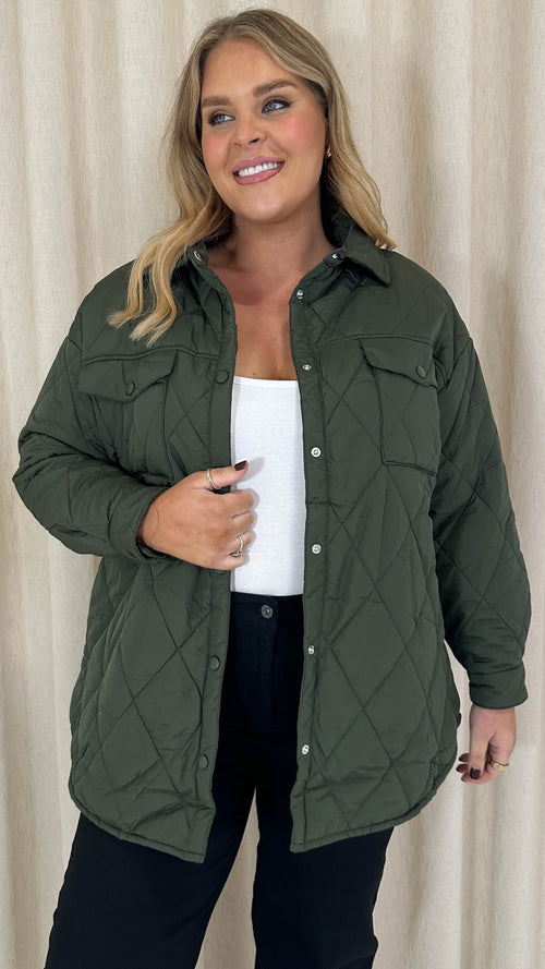 CurveWow Quilted Popper Button Jacket Khaki