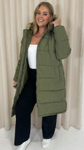 CurveWow Longline Faux Fur Hood Parka Coat Khaki