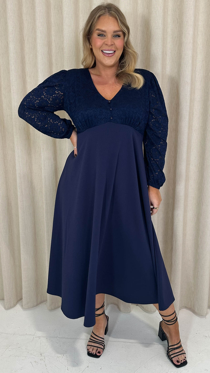 CurveWow Midaxi Lace Bodice Dress Navy