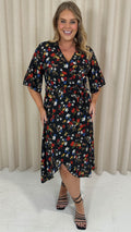 CurveWow Wrap Midi Dress Black Floral