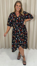 CurveWow Wrap Midi Dress Black Floral