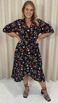 CurveWow Wrap Midi Dress Black Floral