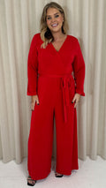 CurveWow V Neck Wrap Jumpsuit Red