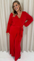 CurveWow V Neck Wrap Jumpsuit Red