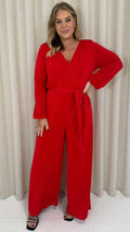 CurveWow V Neck Wrap Jumpsuit Red