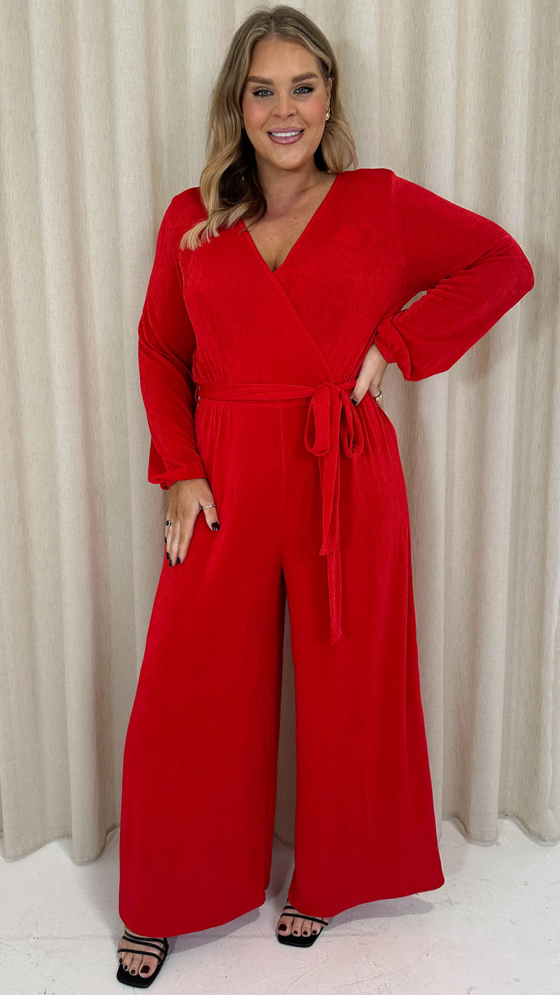 CurveWow V Neck Wrap Jumpsuit Red