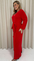 CurveWow V Neck Wrap Jumpsuit Red