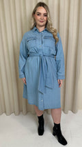 CurveWow Denim Belted Oversized Shirt Dress Mid Blue Wash
