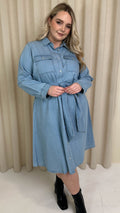 CurveWow Denim Belted Oversized Shirt Dress Mid Blue Wash