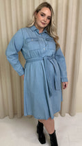 CurveWow Denim Belted Oversized Shirt Dress Mid Blue Wash
